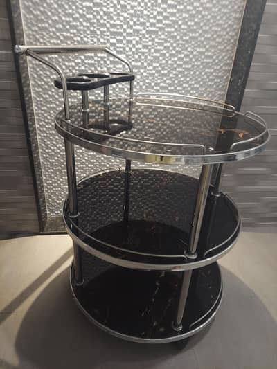 luxury 3-Tier serving Trolley | Black Marble Glass and Chrome Finish