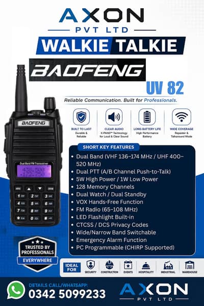 Baofeng UV-82 Dual Band Walkie Talkie | 5W High Power | 1800mAh Batte