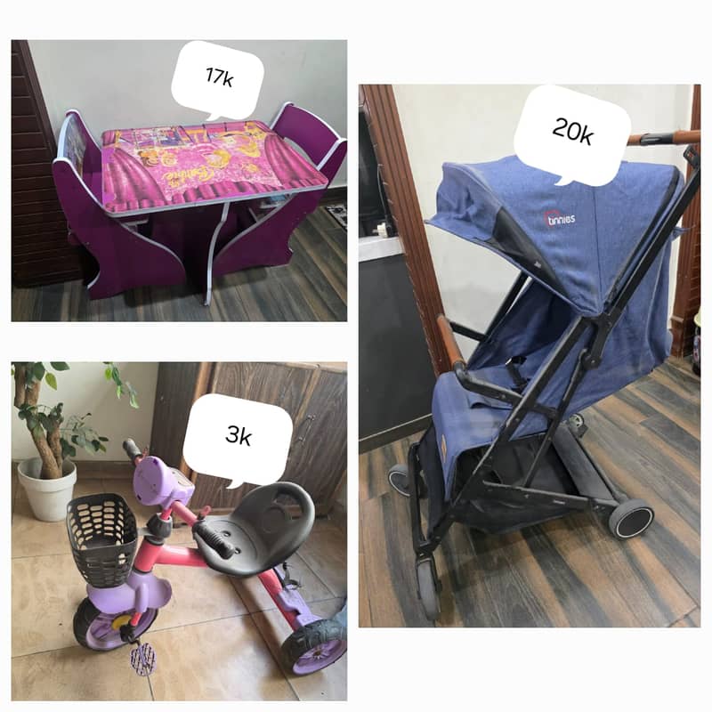Kids  & Baby Essentials Bundle | Table Set, Tricycle & Stroller 0