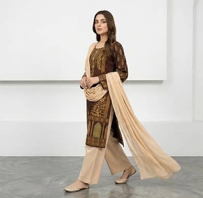 Elegant Brown Embroidered 3 Piece Lawn Suit for Women with Dupatta Wom
