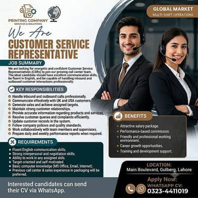 Professional CSR Required For  UK/USA, Lahore Base Job