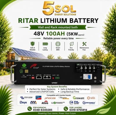 Ritar's Imported 48v 100AH 5kw LiFePO4 Lithium Battery
