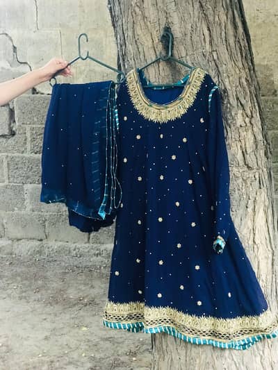 Navy Blue Embroidered 3 Piece Suit with Palazzo & Dupatta