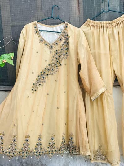 Elegant 3 Piece Frock Plazo Dress – Fancy Naghon Work 