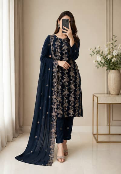 Navy Blue Velvet Embroidered 3 Piece Suit | Fancy Party Wear Dress