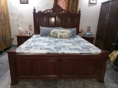 Solid Wood Double Bed Set with 2 Side Tables (Without Mattress)