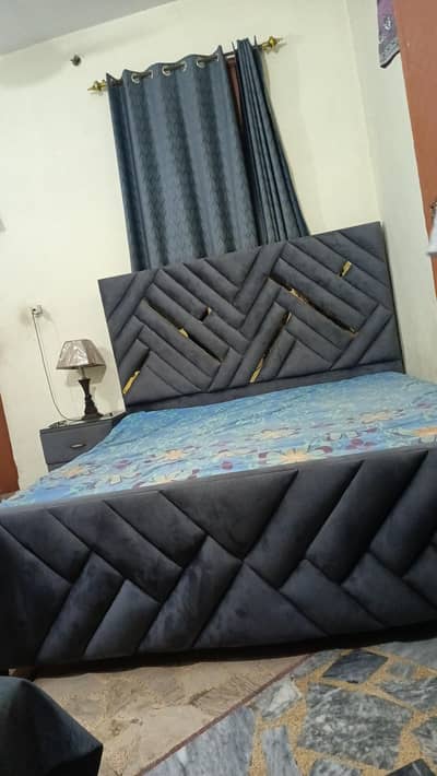 Luxury velvet upholstered King size bed with 2 side tables Lahore