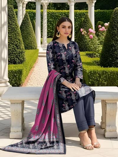 blue printed dobby lawn3pcs woman suits set