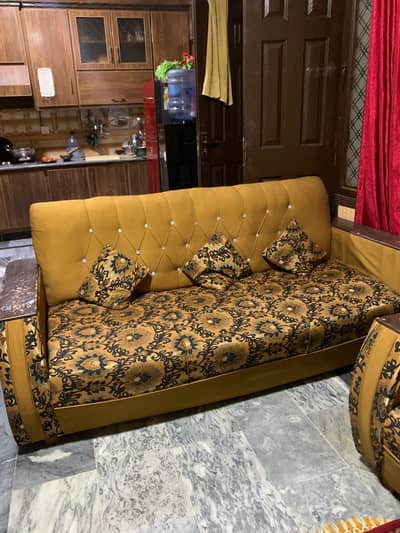 2 Sofa Sets for Sale | 6 Seater Each | Golden Floral + Brown Geometric