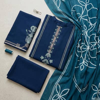 3 piece embroidered lawn suit blue color for girl