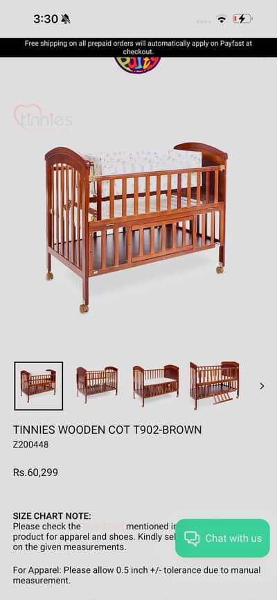Tinnies Wooden Baby Cot for sale in excellent, like-new condition.