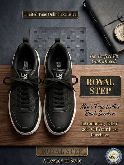 Royal Step Men's Faux Leather Black Sneakers - Brand New