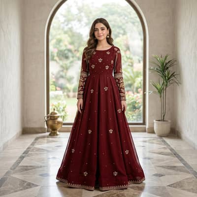 Beautiful Maroon Embroidered Chiffon Maxi With Trouser (2 Pcs)