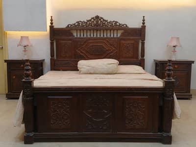 Wooden Bed, Dressing Table & Side Table