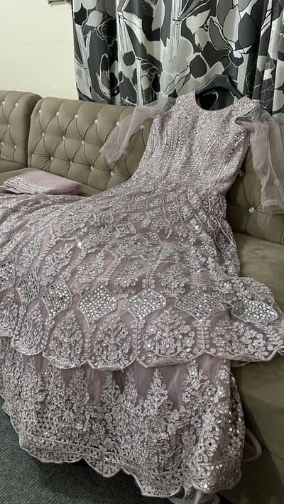 Lilac Walima Maxi Dress, Mirror Work, Double Layer, Attached Cancan