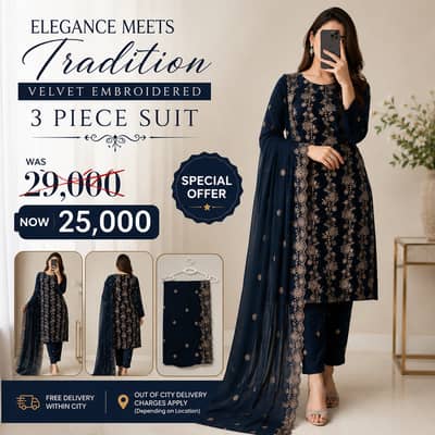 Navy Blue Zinc Velvet Embroidered 3 Piece Suit  Fancy Party Wear Dress
