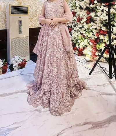 Lilac Walima Maxi Dress, Mirror Work, Double Layer, Attached Cancan