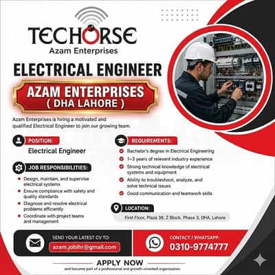 Electrical Engineer Required | Male Staff Hiring | Jobs in Lahore