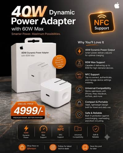 Apple 40W Dynamic Power Adapter NFC Support - New