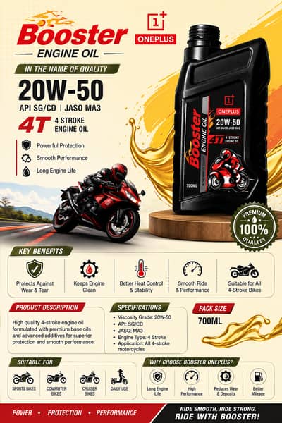  Booster OnePlus 20W-50 4T Motorcycle Engine Oil | 700ml | Premium