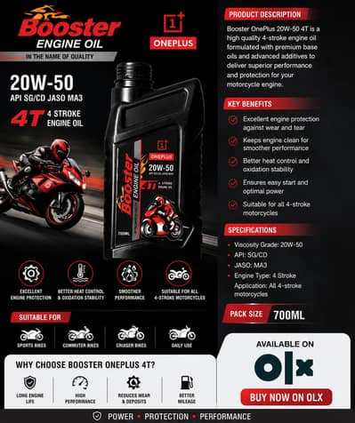Booster OnePlus 20W-50 4T Motorcycle Engine Oil | 700ml | Premium Qua