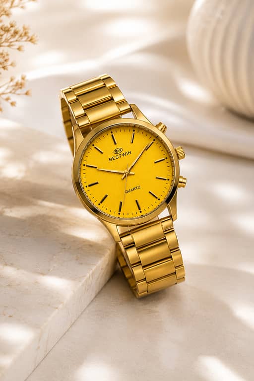 BESTWIN Premium Gold Quartz Watch with Stainless Steel Strap and Elegant Analog Dial