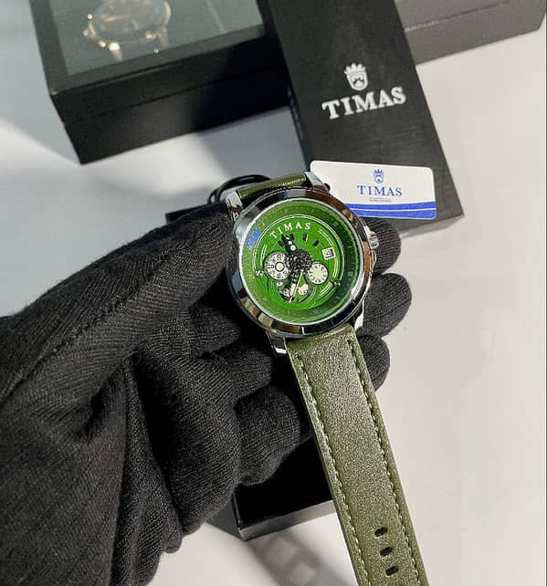 TIMAS Green Dial Mechanical Style Leather Strap Watch for Men | Premium Fashion Wrist Watch in Gift Box