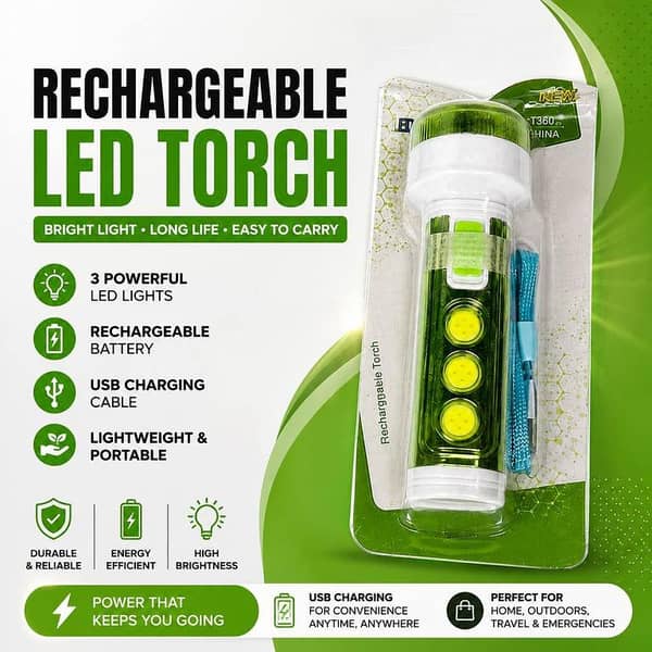 Rechargeable LED Torch Light USB Charging Portable Emergency Flashlight with 3-Side LEDs