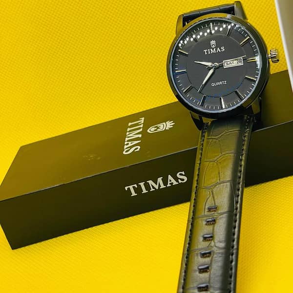 TIMAS Black Quartz Watch for Men with Day & Date Display and Leather Strap
