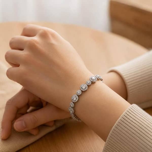 Luxury Crystal Bracelet for Women | Silver-Plated Round Halo Design