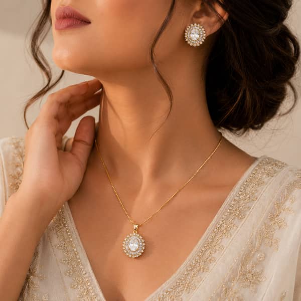 Luxury Crystal Jewelry Set for Women – Necklace and Earrings, White Stone with Gold Finish