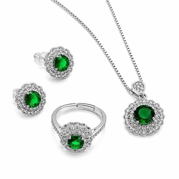 Luxury Green Stone Jewelry Set for Women | Necklace Pendant, Earrings & Adjustable Ring Set | Elegant Party Wear Jewelry