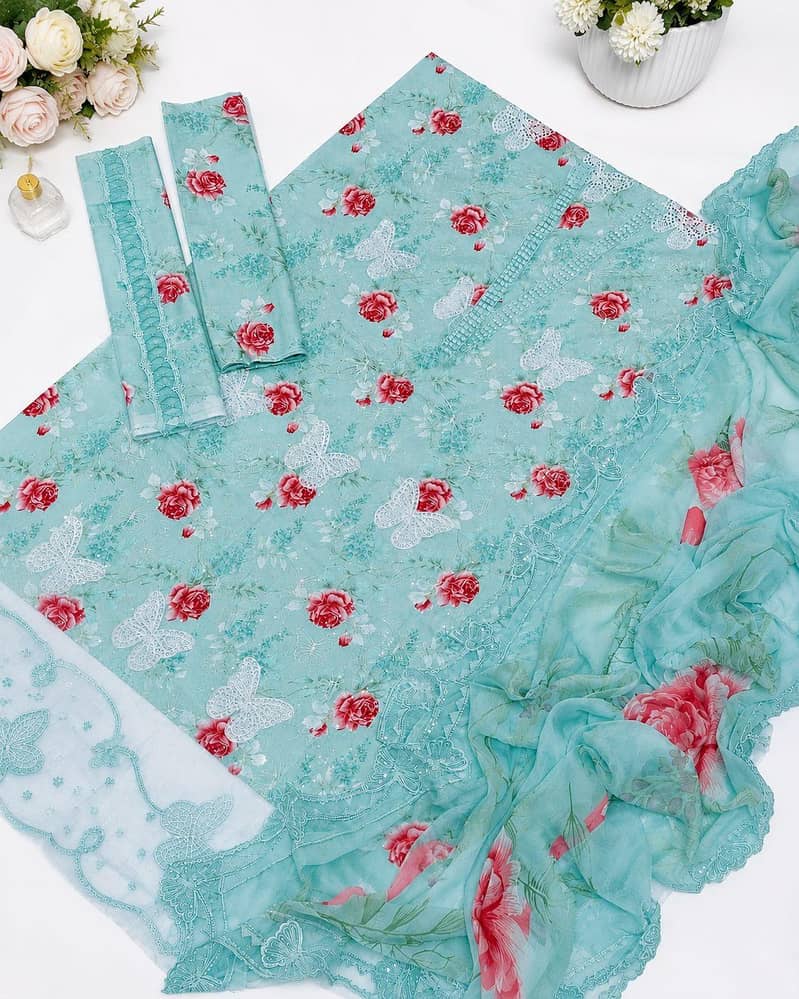 Premium Aqua Blue Floral Lawn 3 Piece Unstitched Suit 1