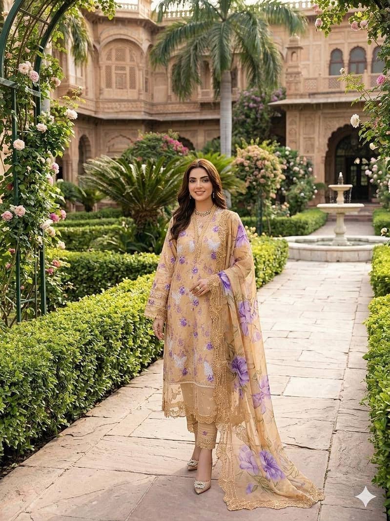 Premium Aqua Blue Floral Lawn 3 Piece Unstitched Suit 2