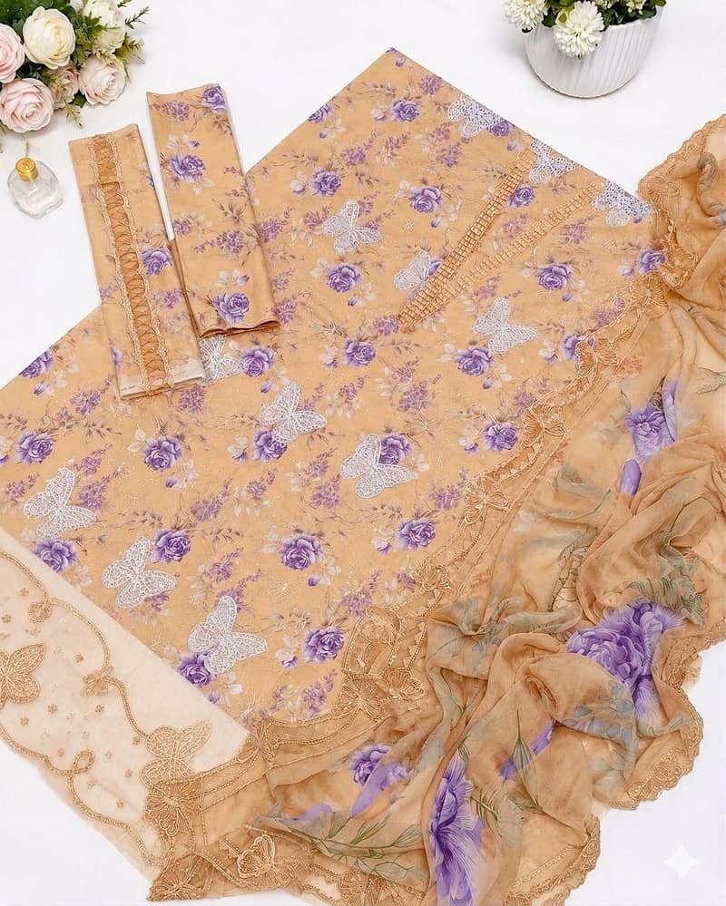 Premium Aqua Blue Floral Lawn 3 Piece Unstitched Suit 3