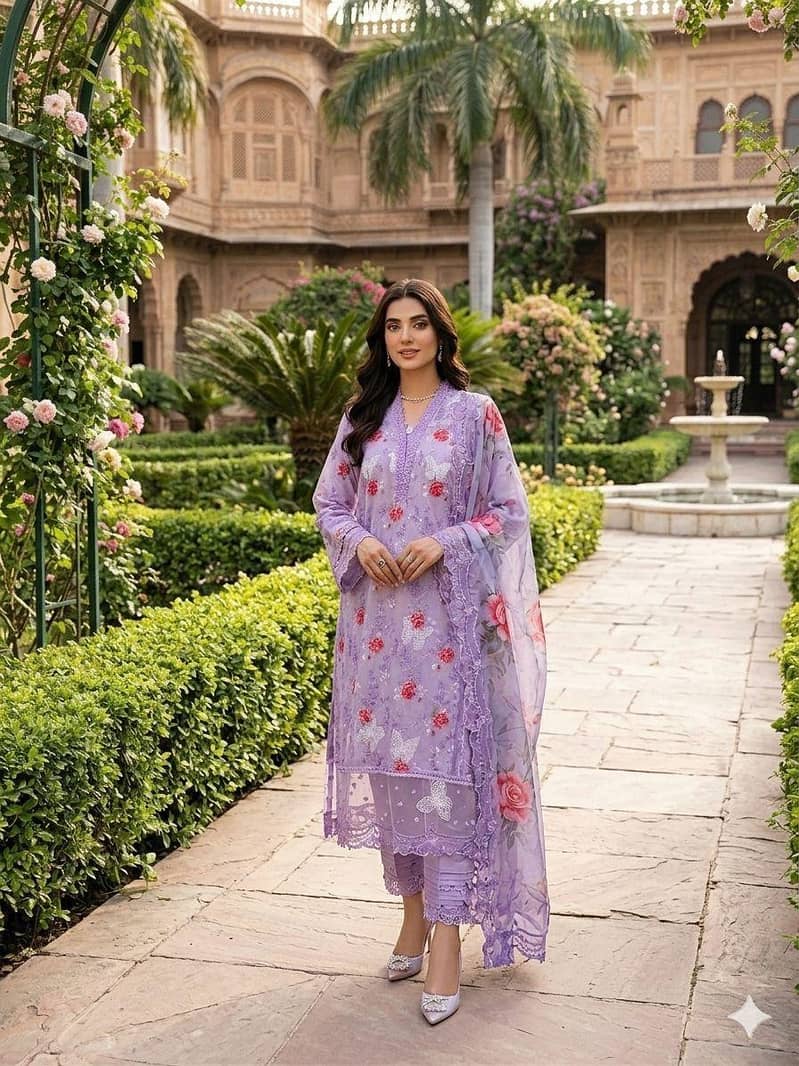 Premium Aqua Blue Floral Lawn 3 Piece Unstitched Suit 4