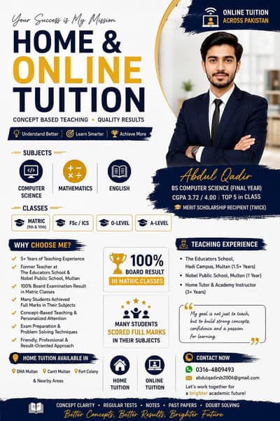 Experienced Home & Online Tutor in Multan
