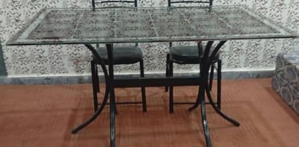 Glass Top Dining Table with 4 Chairs – Iron Frame | Good Condition