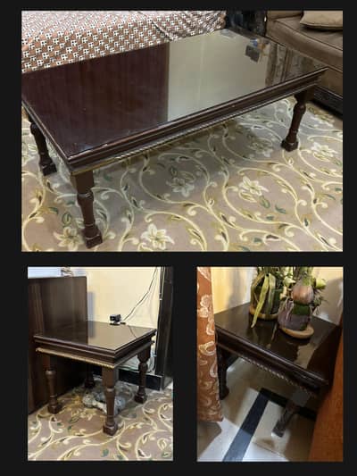 Wooden Table Set of 3 with Glass Top