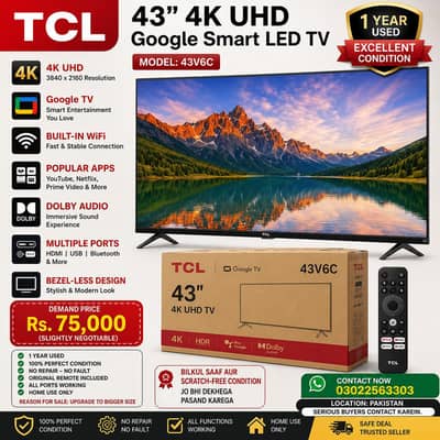 TCL 43" 4K UHD Google Smart LED TV (43V6C) I Like New Condition