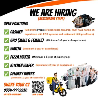 Cashier Job, Gro, Waiter, Pizza Cook, Delivery Rider