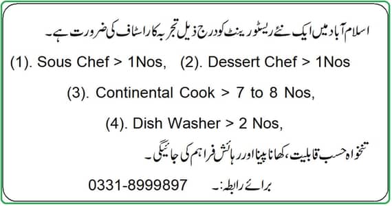 Restaurant Staff Required in Islamabad