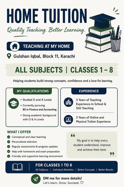 Home Tuition Available – All Subjects Classes 1 to 8