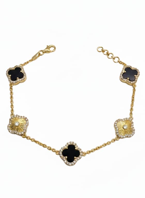 Van Cleef Inspired Plain & Black Stone Chain Bracelet – 925 Silver