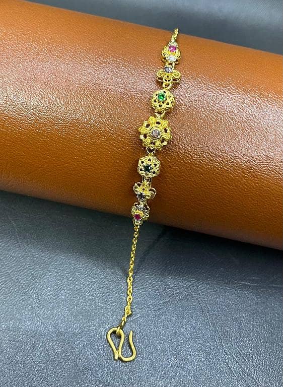 Seven-Flower Chain Bracelet – Red, Green & Purple Stones | Gold-Plated Silver 925 | Time N Treasure