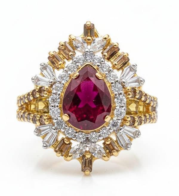 Royal Pear-Cut Ruby Ring with Sunburst Zirconia Halo | Time N Treasure