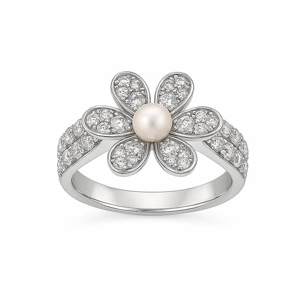 925 Silver Flower Ring with Pearl Center & Zircon Accents