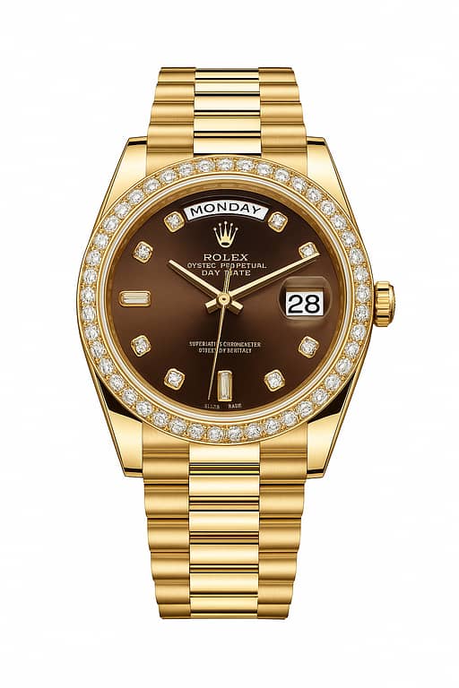 Day-Date Rose Gold with Coffee Dial & Stone Bezel
