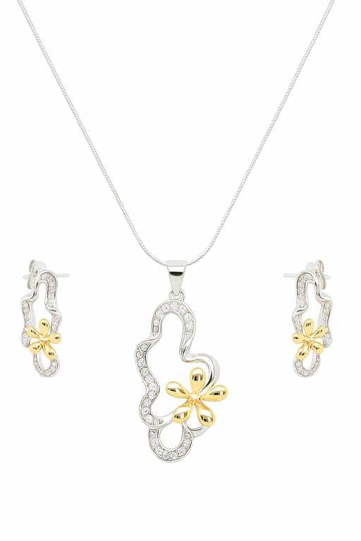 Silver Flower Design Locket Set – Two-Tone Gold & Silver Finish