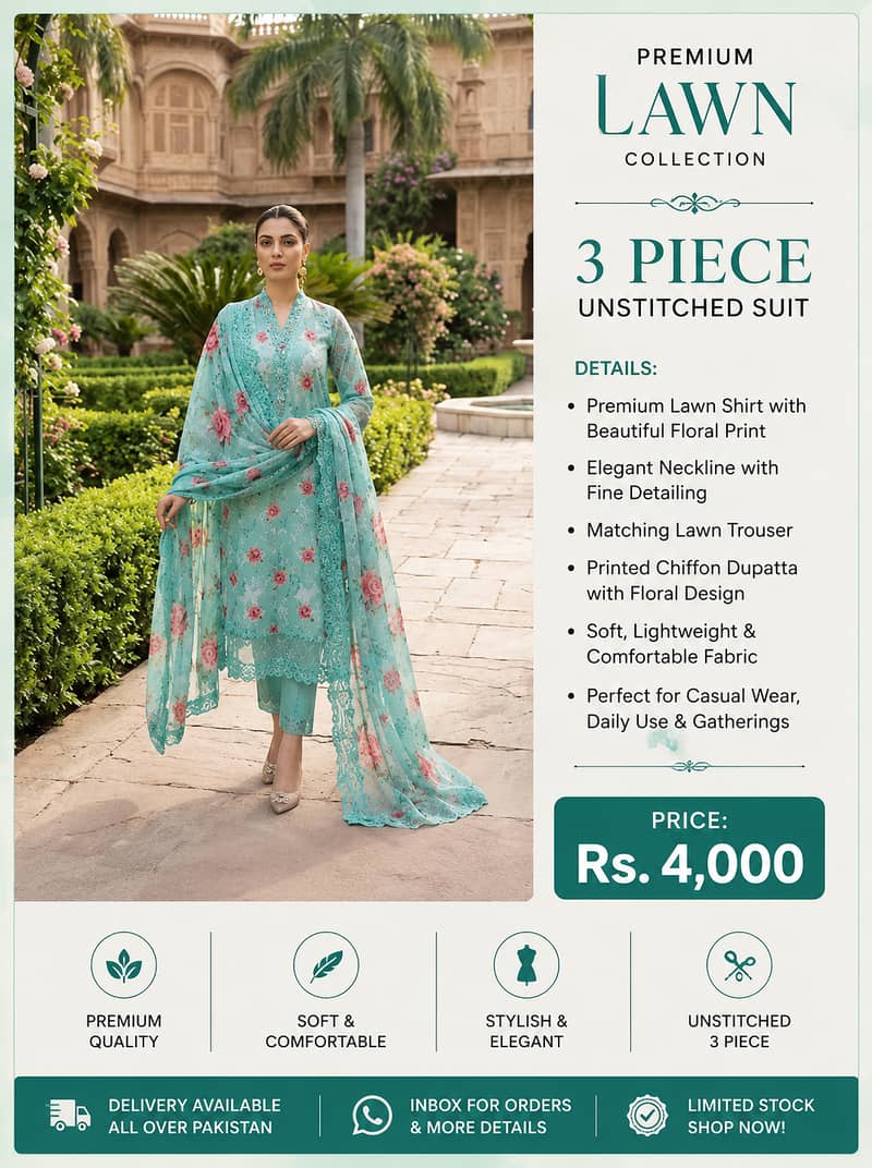 Premium Aqua Blue Floral Lawn 3 Piece Unstitched Suit 0